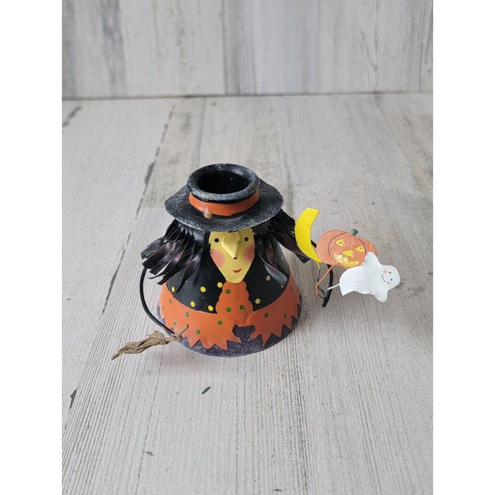 Vintage witch metal candle stick holder Moon pumpkin balloon Halloween‎